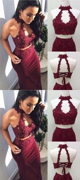 Maroon Burgundy Two Piece Sheath Prom Dress Long Halter Neck,GDC1020-Dolly Gown